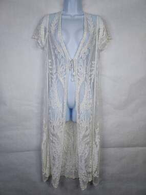 Woven Heart Lace Maxi Duster Women S White Sheer Floral Embroidery Boho Cover Up